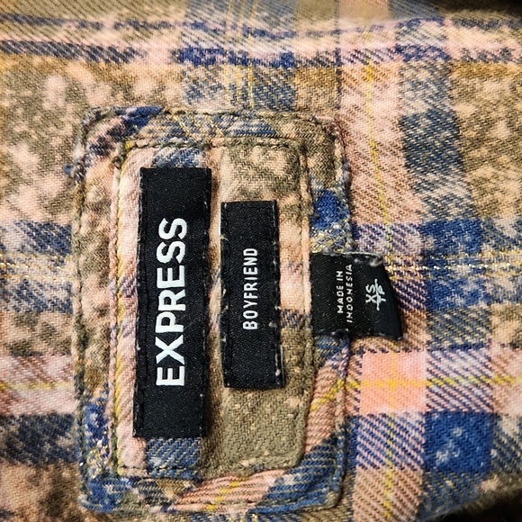 Express Boyfriend Flannel Button Up Gold Metallic - Picture 6 of 7